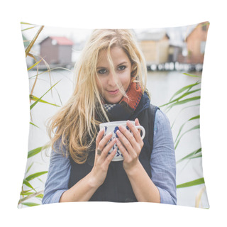 Personality  Happy  Woman Enjoying Hot Beverages Pillow Covers