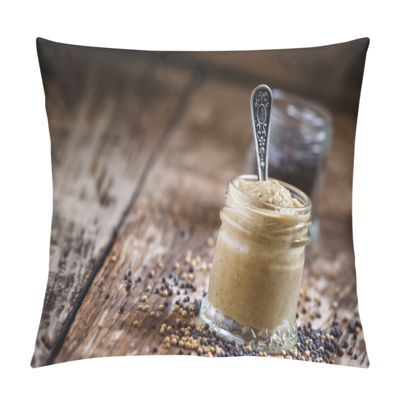 Personality  Mustard in a glass jar and seeds black and yellow  pillow covers