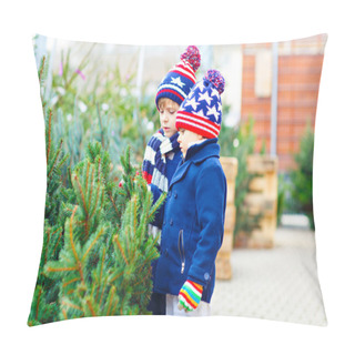 Personality  Two Little Kid Boys Buying Christmas Tree In Outdoor Shop Pillow Covers