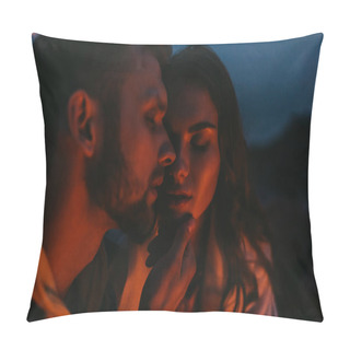 Personality  Selective Focus Of Bearded Man Touching Attractive Woman At Night Pillow Covers