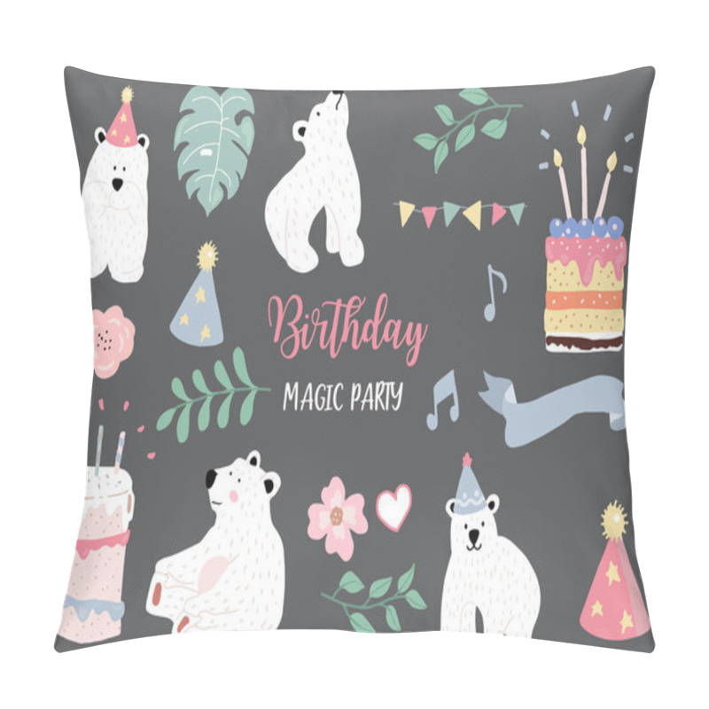 Personality  pastel birthday set with bear,cake,leave,flower illustration for pillow covers