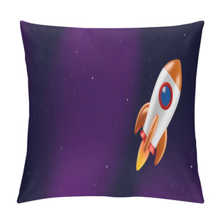 Personality  Cartoon Vector Rocket On Dark Space Background. Flying Spaceship With Flame From Engine Pillow Covers
