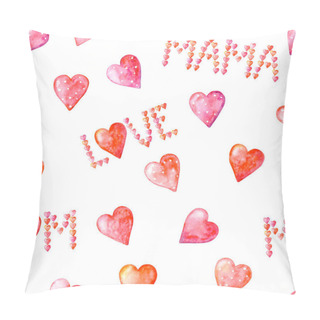Personality Watercolor Seamless Pattern With Words MOM, MAMA, LOVE From Cute Pink And Pink Dot Hearts, And Hearts On A White Background. I Love You, Mom. Illustration. Happy Mother's Day. Pillow Covers