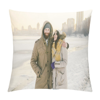 Personality  Theme Love And Date On Nature. A Young Caucasian Heterosexual Couple Guy And Girl Walk In The Winter Along A Frozen Lake In Winter. Bearded Man Hugging Woman. Valentine's Day Holiday. Pillow Covers