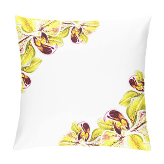 Personality  Beautiful Corner Frame From Yellow Bloomimg Orchid Flowers. Watercolor Painting. Exotic Plant. Floral Print. Botanical Composition. Wedding And Birthday. Greeting Card. Flower Painted Background. Hand Drawn Illustration. Pillow Covers