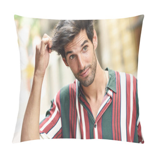 Personality  Attractive Young Man With Dark Hair And Modern Hairstyle Wearing Casual Clothes Outdoors Pillow Covers