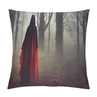 Personality  Scary Fantasy Witch Woman In A Black Dress And Cape With A Hood Walking Through A Dark Dense Deep Autumn Forest Orange, Halloween Theme Pillow Covers