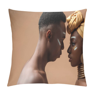 Personality  Side View Of Naked Tribal Afro Couple Posing Face To Face On Beige Pillow Covers