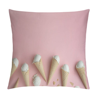 Personality  Homemade Pistachio Ice Cream In A Waffle Cones On Pink Background. Copy Space For A Text. Top View. Summer Mood Pillow Covers