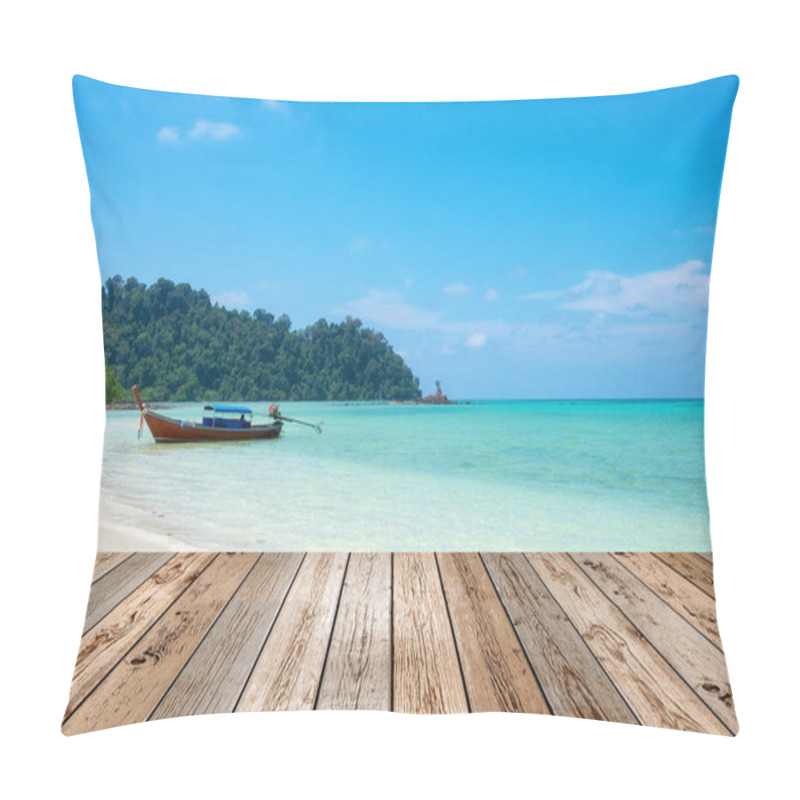 Personality  Wood table top on scene long tail wooden boat anchor in andaman csytal sea pillow covers