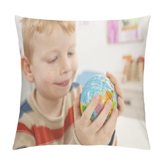 Personality  Preschooler With Globe In A Hand Pillow Covers