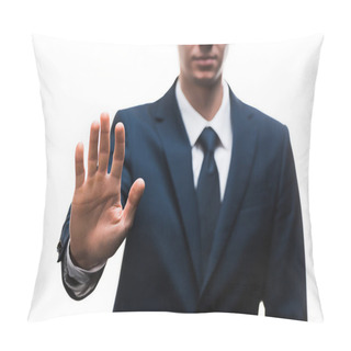 Personality  Selective Focus Of Businessman In Suit Showing Stop Gesture Isolated On White  Pillow Covers