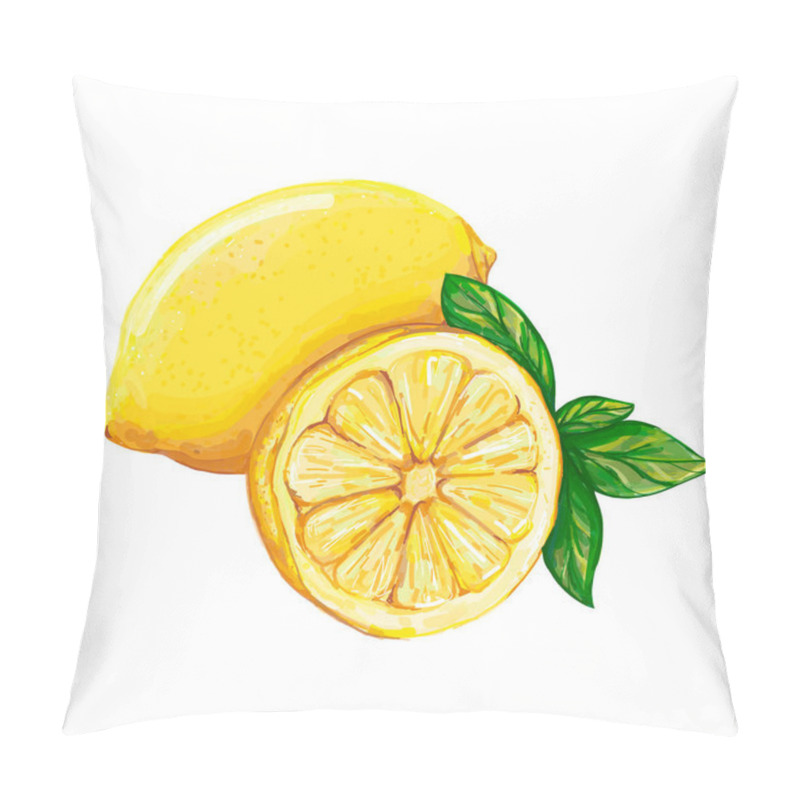 Personality  Lemon isolated on a white background. Yellow lemon and a slice of lemon. Strengthening the immune system and health Hand drawn watercolor vector illustration pillow covers