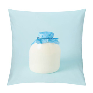 Personality  Closeup Shot Of Fresh Milk In Bottle Wrapped By Paper On Blue Background Pillow Covers