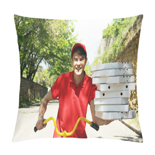 Personality  Young Man Delivering Pizza Box On Bike Outdoors Pillow Covers