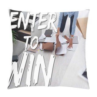 Personality  Cropped View Of Businesswoman Searching Dossier Near Contract On Floor In Office, Enter To Win Illustration Pillow Covers