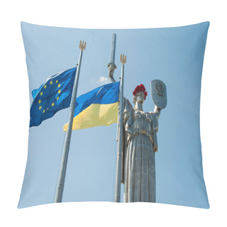 Personality  Motherland. Ukrainian And European Union Flag Waving On Blue Sky With Coat Of Arms Of Ukraine. Pillow Covers