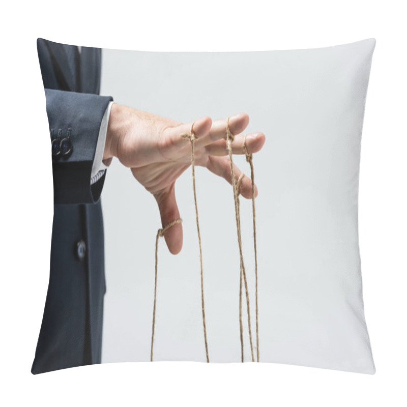 Personality  cropped view of puppeteer with strings on fingers isolated on grey pillow covers