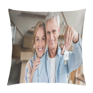 Personality  Happy Senior Couple Holding Keys From New Apartment And Smiling At Camera  Pillow Covers