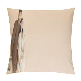 Personality  African American Man With Shopping Bags Looking At Camera Near Stylish Asian Woman With Hand In Pocket Isolated On Beige, Banner Pillow Covers
