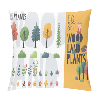 Personality  Big Cute Vector Cartoon Collection Of Wild Woodland Forest Plants: Trees, Bushes, Mushrooms, Flowers, Berries, Leaves, Plants, Strawberries Pillow Covers
