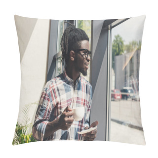 Personality  African American Man Drinking Coffee While Standing At Window Pillow Covers