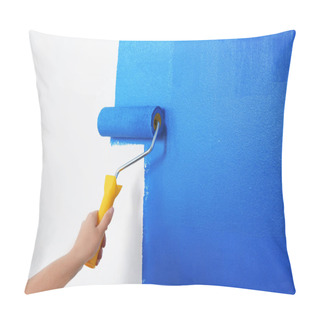 Personality  Woman Painting White Wall With Blue Dye, Closeup. Interior Renovation Pillow Covers