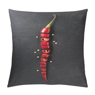 Personality  Top View Of Cut Red Ripe Chili Pepper On Black Surface  Pillow Covers