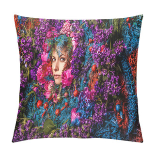 Personality  Fairy Tale Girl Portrait Surrounded With Natural Plants And Flowers. Art Image In Bright Fantasy Stylization. Pillow Covers