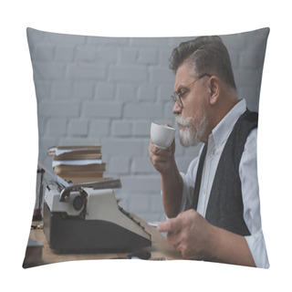 Personality  Senior Writer Working With Vintage Typewriter And Drinking Coffee Pillow Covers