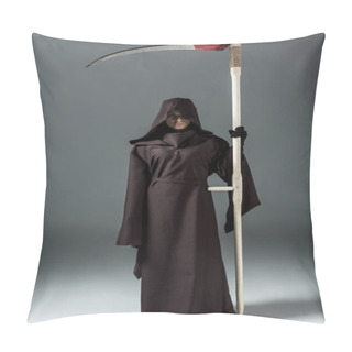 Personality  Full Length View Of Woman In Death Costume Holding Scythe On Grey Pillow Covers