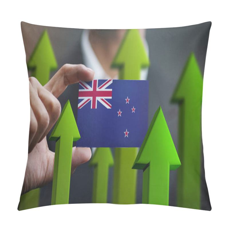 Personality  Nation Growth Concept, Green Up Arrows - Businessman Holding Card Of New Zealand Flag  Pillow Covers