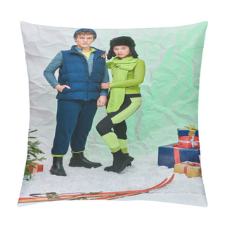 Personality  Fashionable Interracial Couple In Warm Wear Near Presents, Skis And Christmas Tree In Snowy Studio Pillow Covers