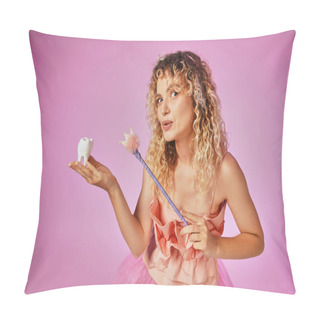 Personality  Lovely Blonde Woman In Tooth Fairy Costume Playfully Casting Spell On Baby Tooth With Her Magic Wand Pillow Covers