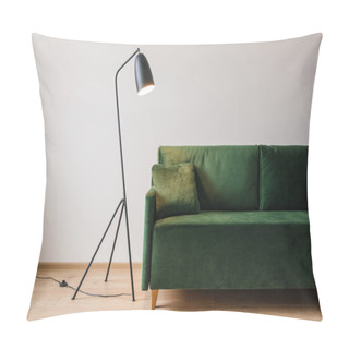 Personality  Green Sofa With Pillow Near Metal Modern Floor Lamp Pillow Covers