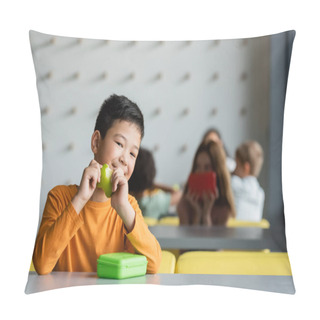 Personality  Cheerful Asian Boy With Fresh Apple Smiling At Camera In School Eatery Pillow Covers
