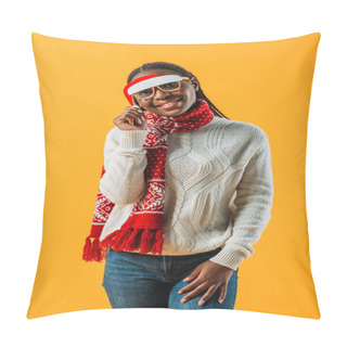 Personality  African American Woman In Winter Sweater And Christmas Glasses Looking At Camera Isolated On Yellow Pillow Covers