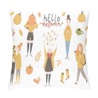 Personality  Young Women Or Girls Dressed In Cozy Clothes. Autumn Sticker Collection. Set Of Cute Autumn Cartoon Illustrations. Fall Season. Collection Of Scrapbook Elements For Party Pillow Covers