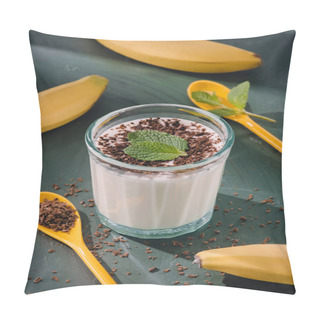 Personality  Closeup Shot Of Milkshake With Mint Leaves And Chocolate Shavings, Spoons And Bananas  Pillow Covers