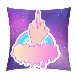 Personality  Female Hand Showing Middle Finger, Cloud, Rainbow. Realistic Sty Pillow Covers