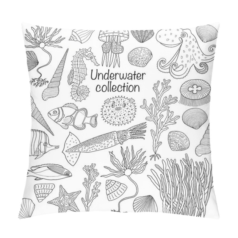 Personality  Sea collection: shells, starfish, seaweed, deep sea fish, seahorse.  Vector illustration. pillow covers