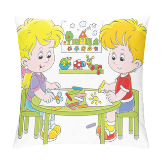 Personality  Little Children Drawing Funny Pictures With Color Crayons, A Vector Illustration In Cartoon Style Pillow Covers