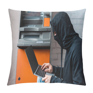 Personality  Side View Of Hacker In Mask Using Laptop With Blank Screen Near Atm  Pillow Covers