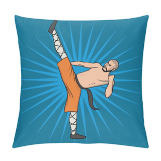 Personality  Shaolin Monk Practicing Kung Fu. Martial Art. Vector Illustration, Isolated On Blue. Pillow Covers