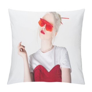 Personality  Pretty Albino Model In Red Sunglasses And Hair Sticks Isolated On White Pillow Covers