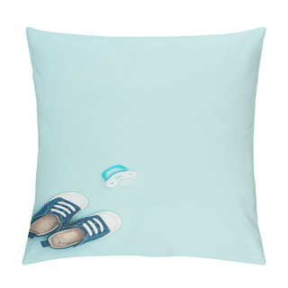 Personality  Top View Of Baby Shoes And Dummy Isolated On Blue Pillow Covers