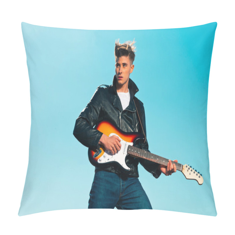 Personality  Retro fifties rockabilly electric guitar player wearing black le pillow covers