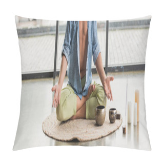 Personality  Cropped View Of Man Sitting In Lotus Pose While Meditating Near Tibetan Singing Bowls In Yoga Studio, Banner  Pillow Covers