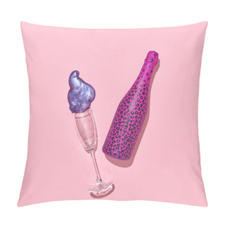 Personality  Creative Painted Holiday Bottle And Glass With Paint Spot On A Pastel Pink Background And Hard Shadows, Copy Space. Top View. Holiday Greeting Card Pillow Covers