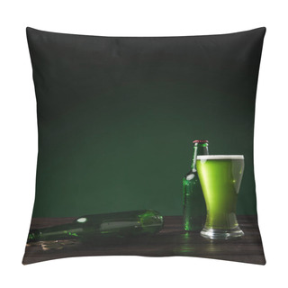 Personality  Glass Bottles And Glass Of Green Beer On Table, St Patricks Day Concept Pillow Covers